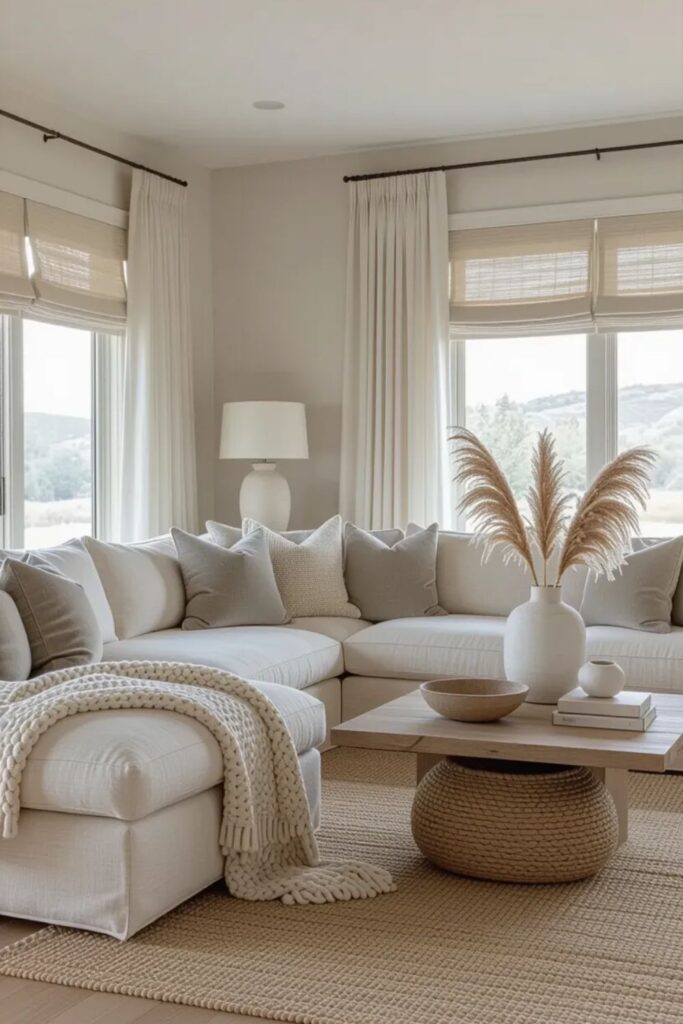 Warm minimalist living room incorporating textured fabrics including chunky knit throws, velvet pillows, and jute rug for cozy comfort