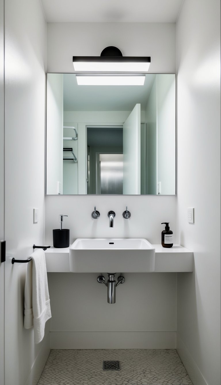 A small bathroom with a sleek, modern sink and minimalist decor. White walls and simple fixtures create a clean, uncluttered space