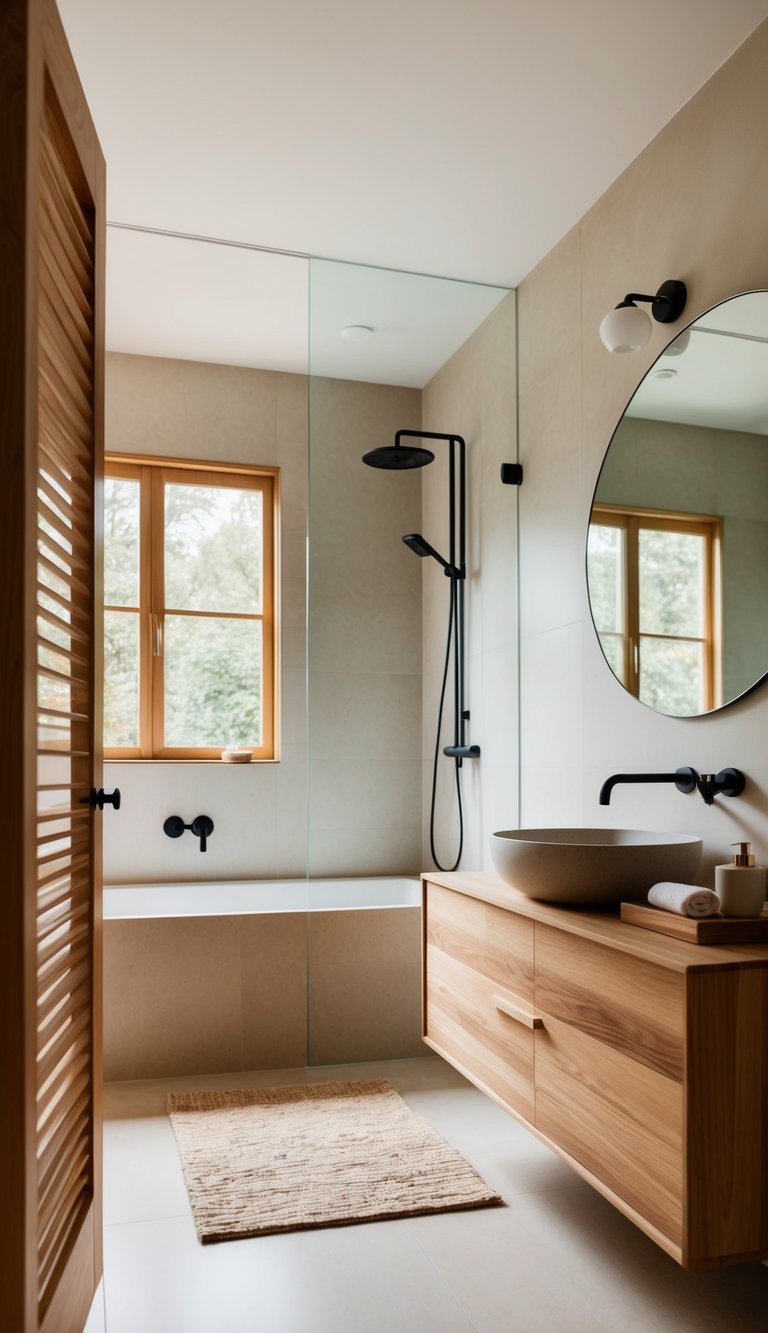 A serene bathroom with natural wood accents, clean lines, and a minimalist design