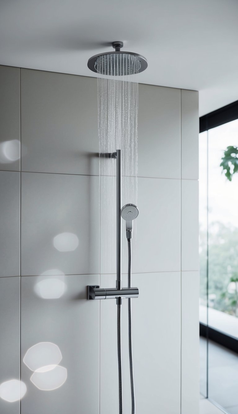 A modern, unadorned showerhead mounted on a sleek, tiled wall in a minimalist bathroom