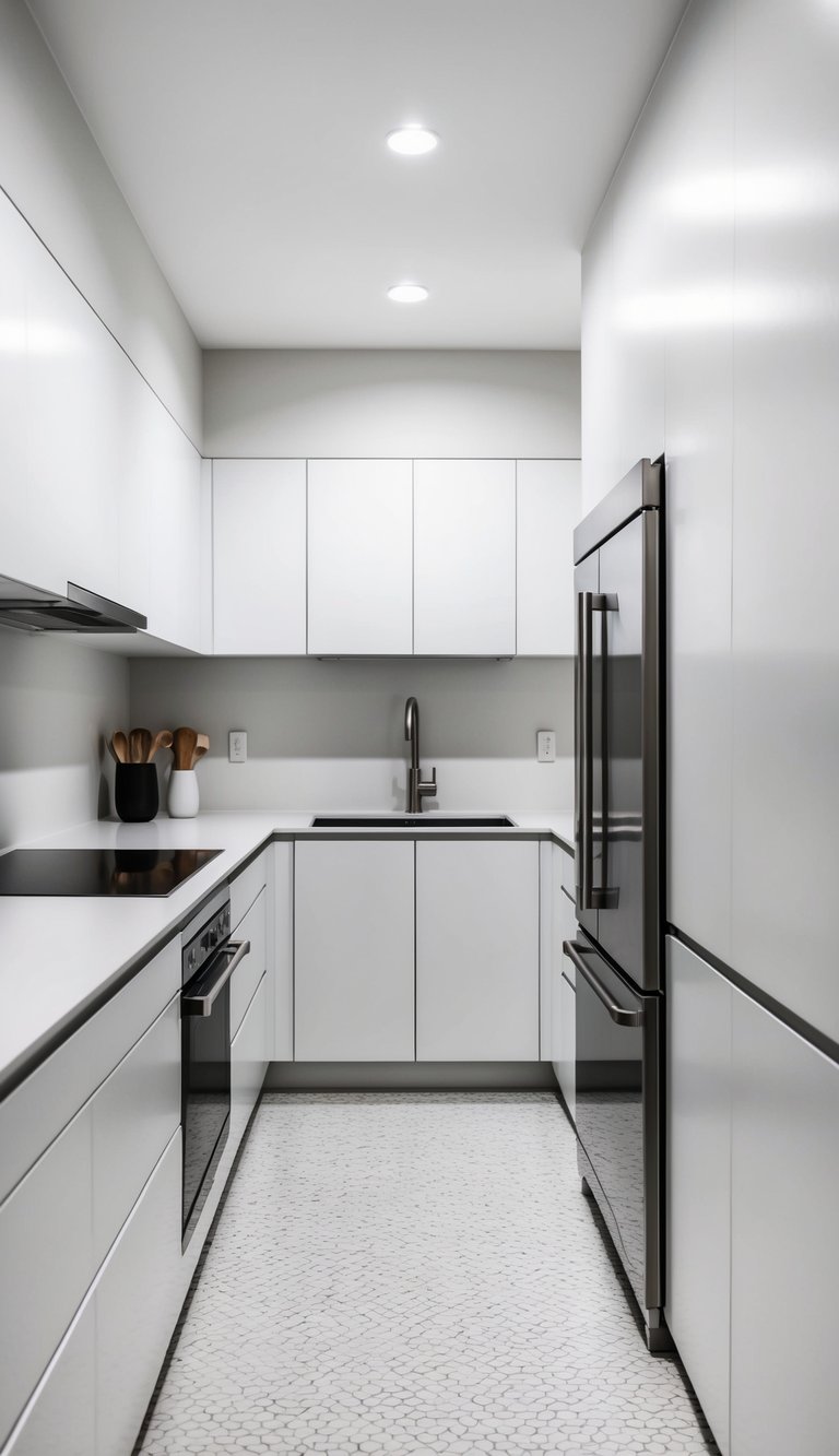 A sleek, modern kitchen with clean lines and minimalistic design. White cabinets, stainless steel appliances, and simple geometric shapes create a contemporary feel