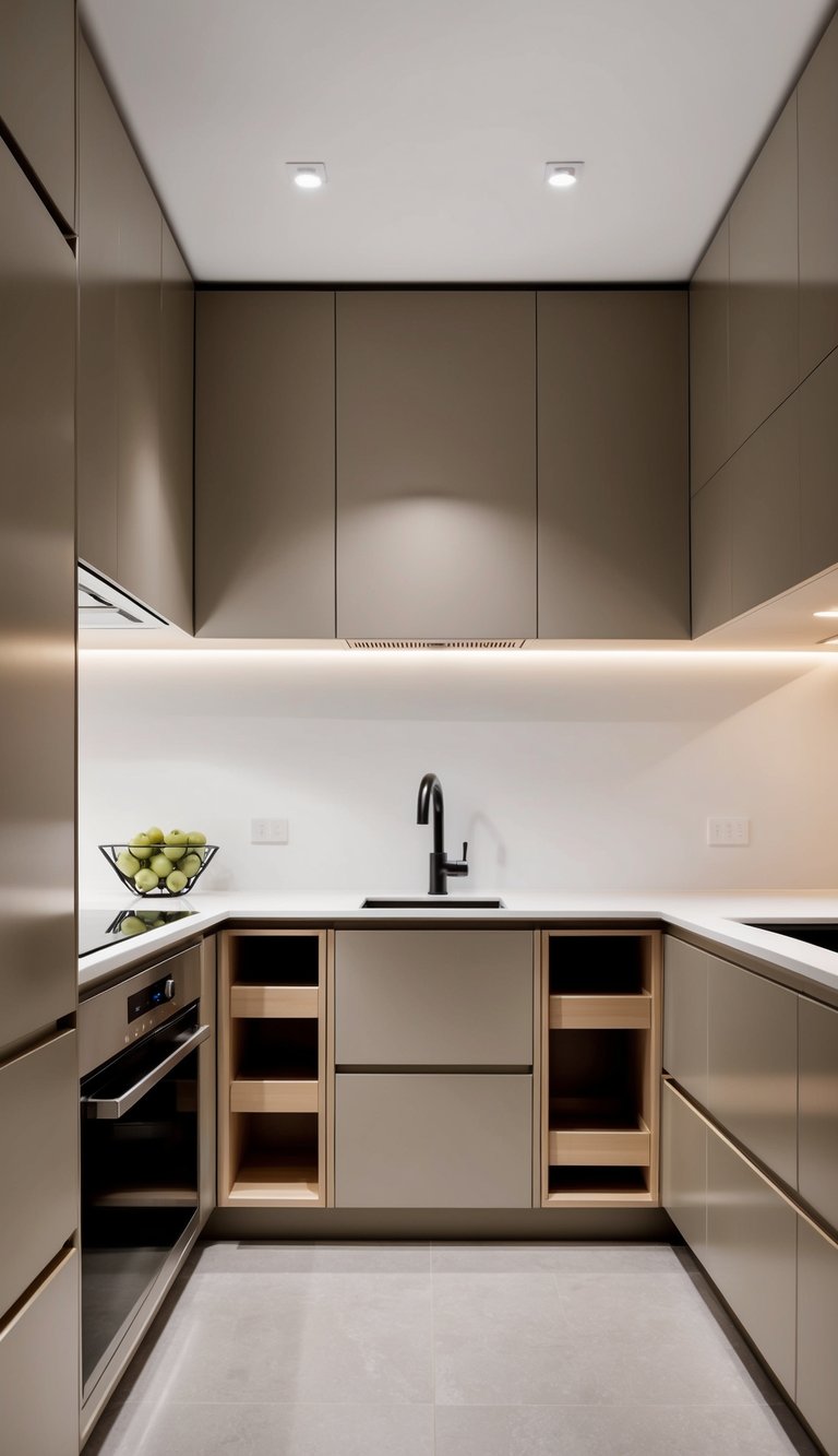 A sleek, modern kitchen with hidden storage compartments seamlessly integrated into the minimalist design
