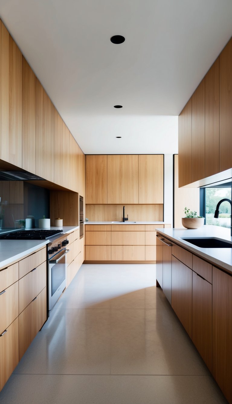 A spacious, airy kitchen with sleek, modern lines and natural wooden elements throughout. Clean countertops and simple, uncluttered decor create a minimalist feel