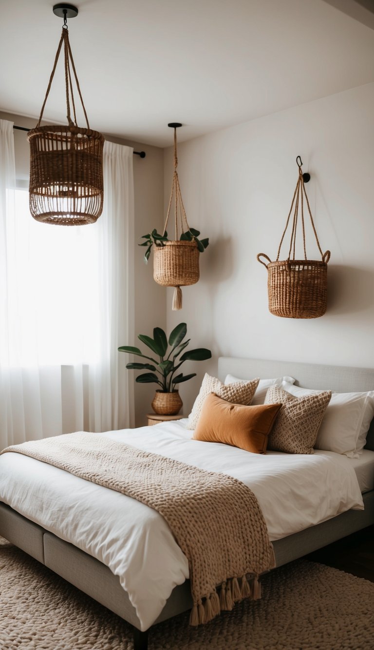 A cozy bedroom with a bed and hanging basket organizers for minimalists