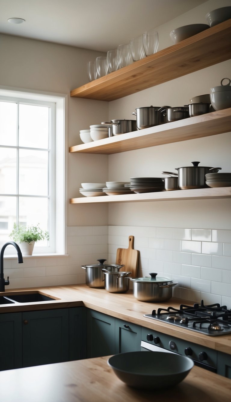 A modern kitchen with floating wooden shelves holding neatly arranged cookware and dishes. Light streams in through a nearby window, creating a warm and inviting atmosphere