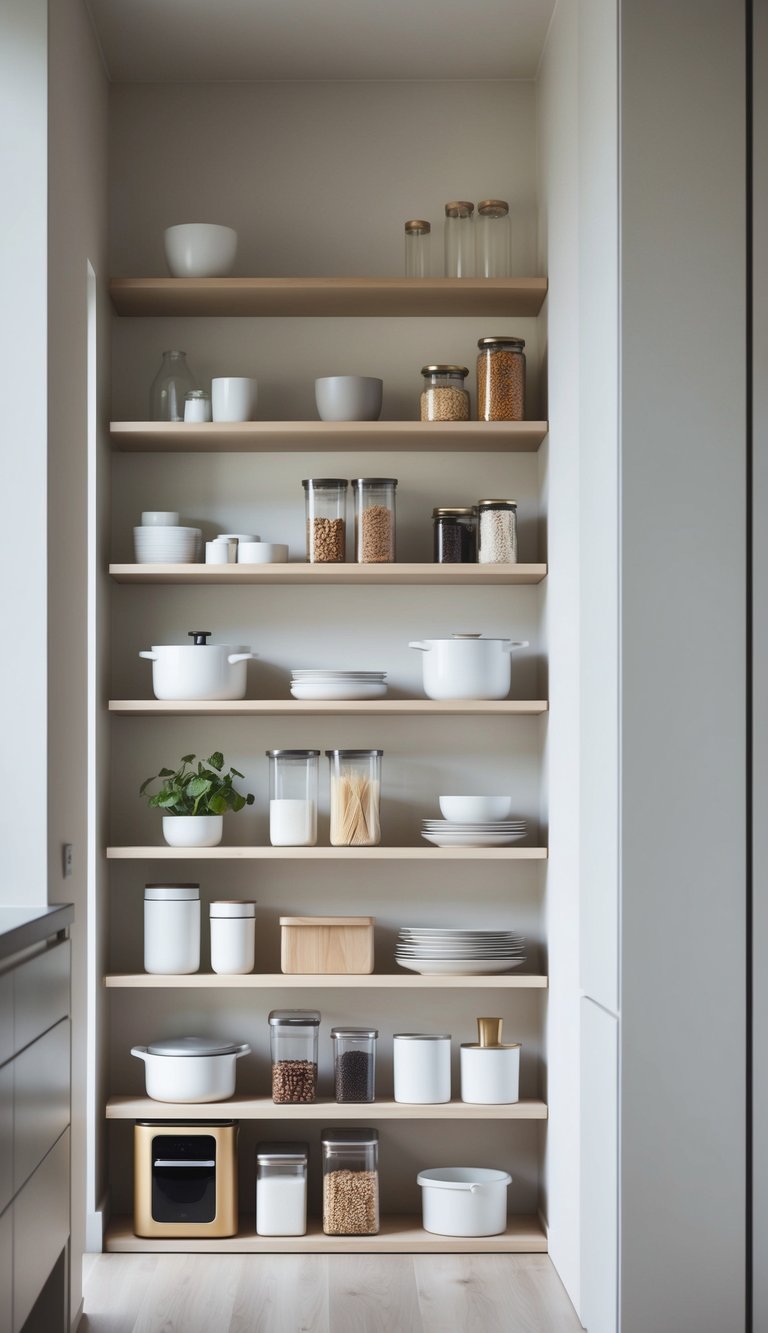 Tall vertical shelves neatly organized with minimalist kitchen items, creating a clutter-free and modern storage solution