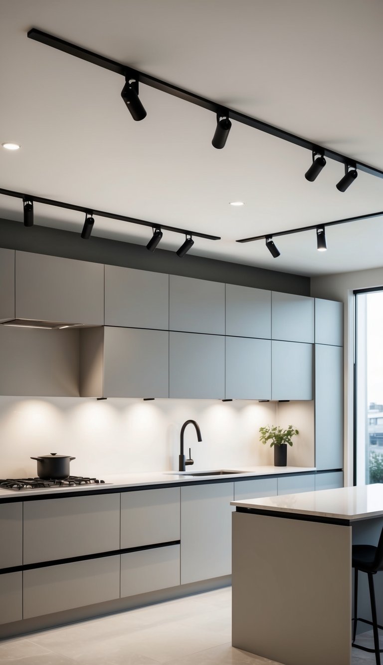 A modern kitchen with sleek, adjustable track lighting illuminating the minimalist space