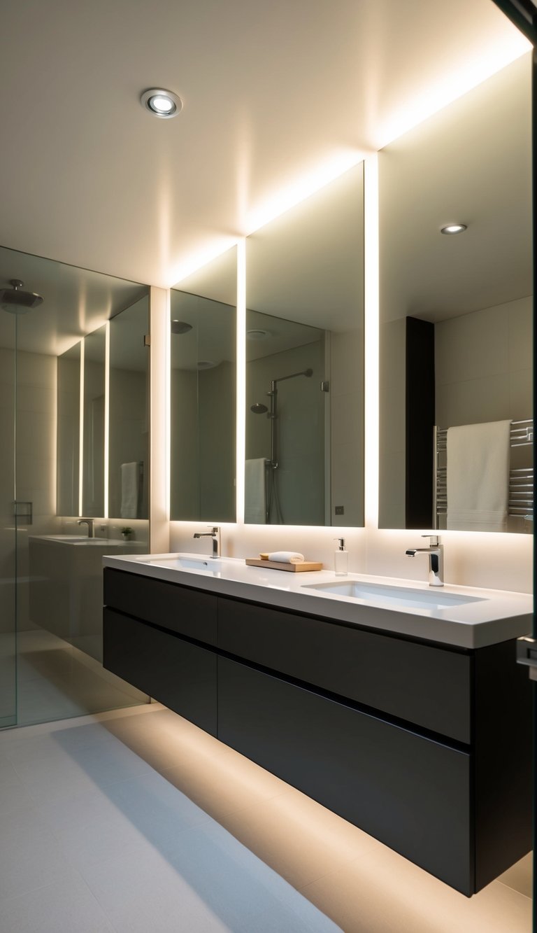 A sleek, modern bathroom with backlit mirrors casting a soft glow, illuminating the minimalist design