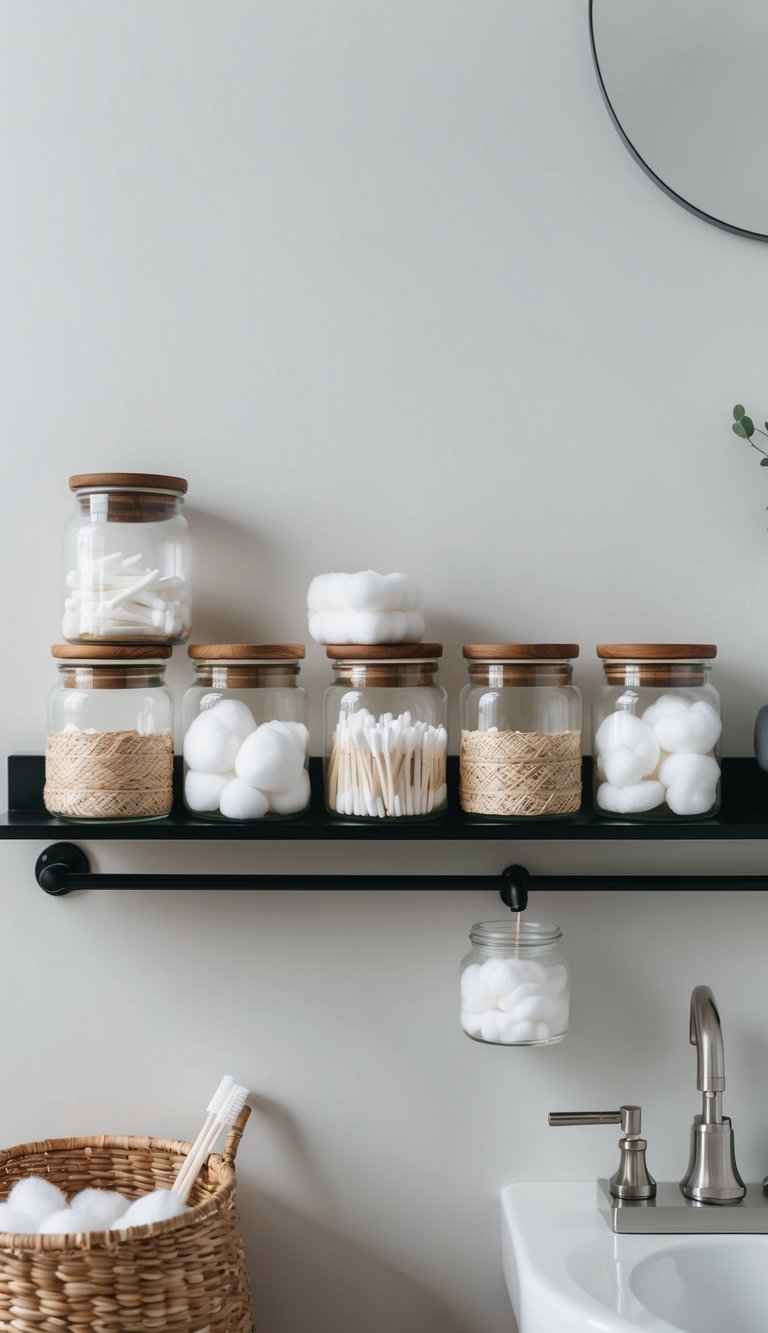 Small decorative jars neatly arranged on a shelf, holding essentials like cotton balls and Q-tips in a minimalist bathroom