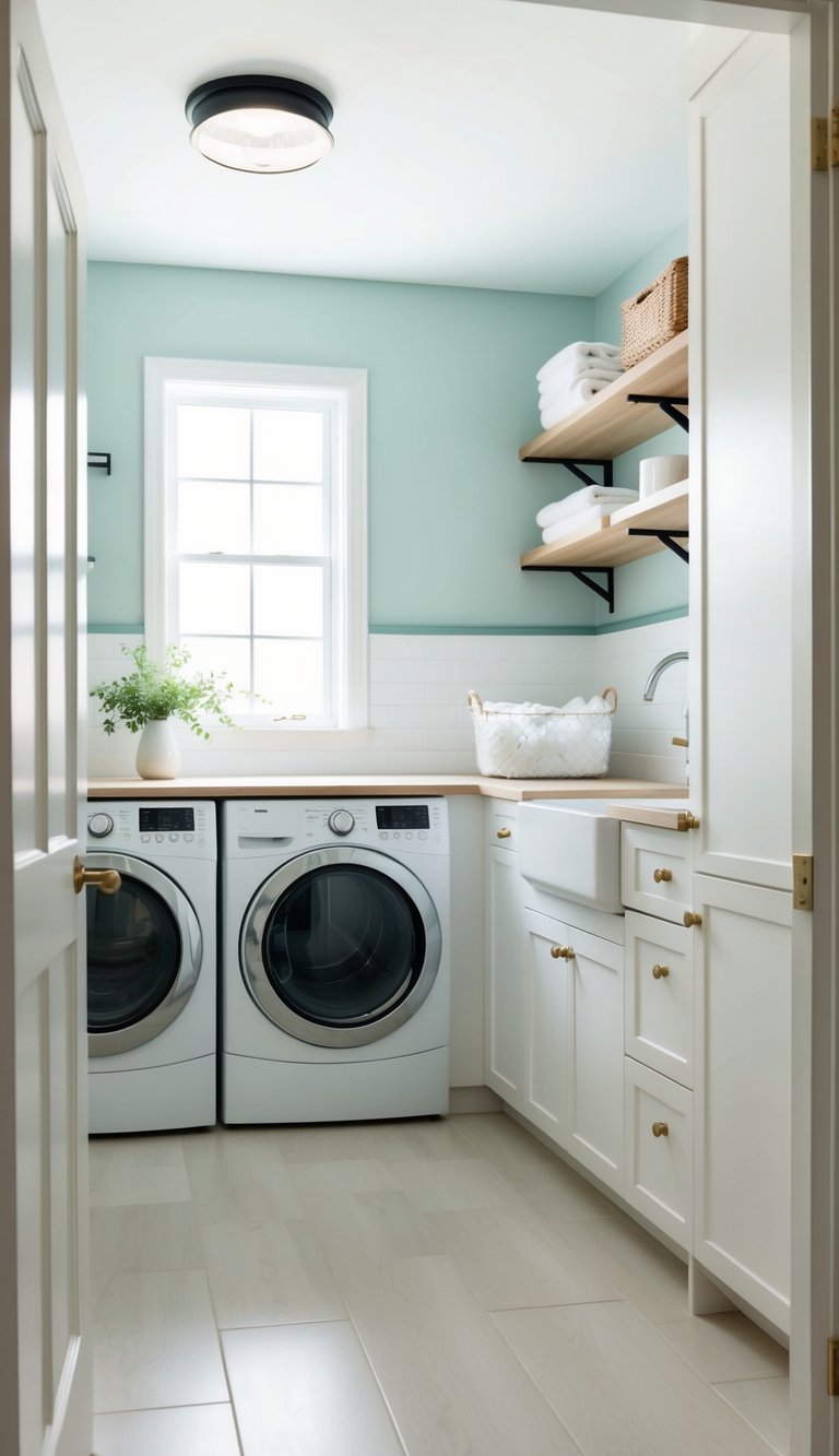 A serene laundry room with white walls and light wood accents. Soft blue and green accents add a calming touch to the minimalist space