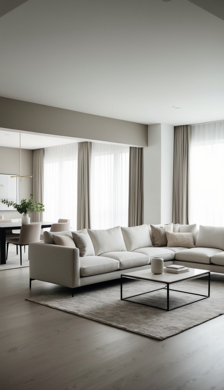 A spacious living room with neutral taupe and white color scheme, featuring minimalist furniture and clean lines, creating a sense of visual openness and tranquility