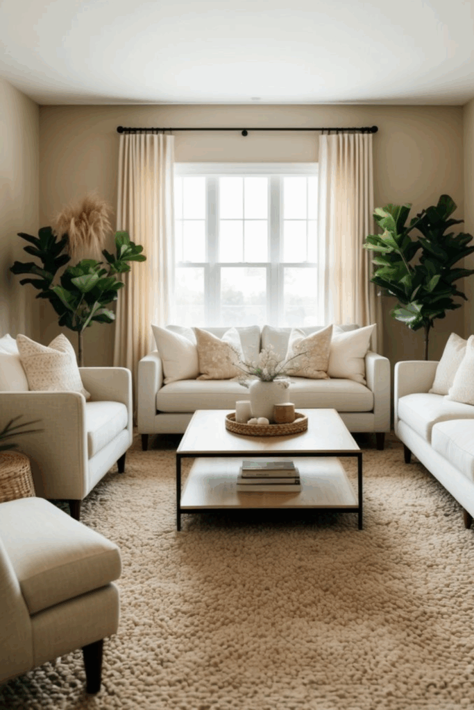 A cozy living room with clean lines, warm neutral colors, natural textures, and a few carefully chosen decorative elements