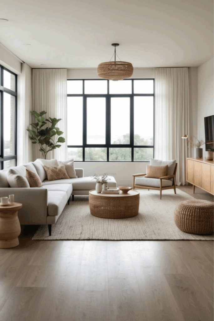 A spacious living room with clean lines, neutral colors, and natural materials. A large window lets in plenty of natural light, and a few carefully chosen decorative elements add warmth and personality to the space