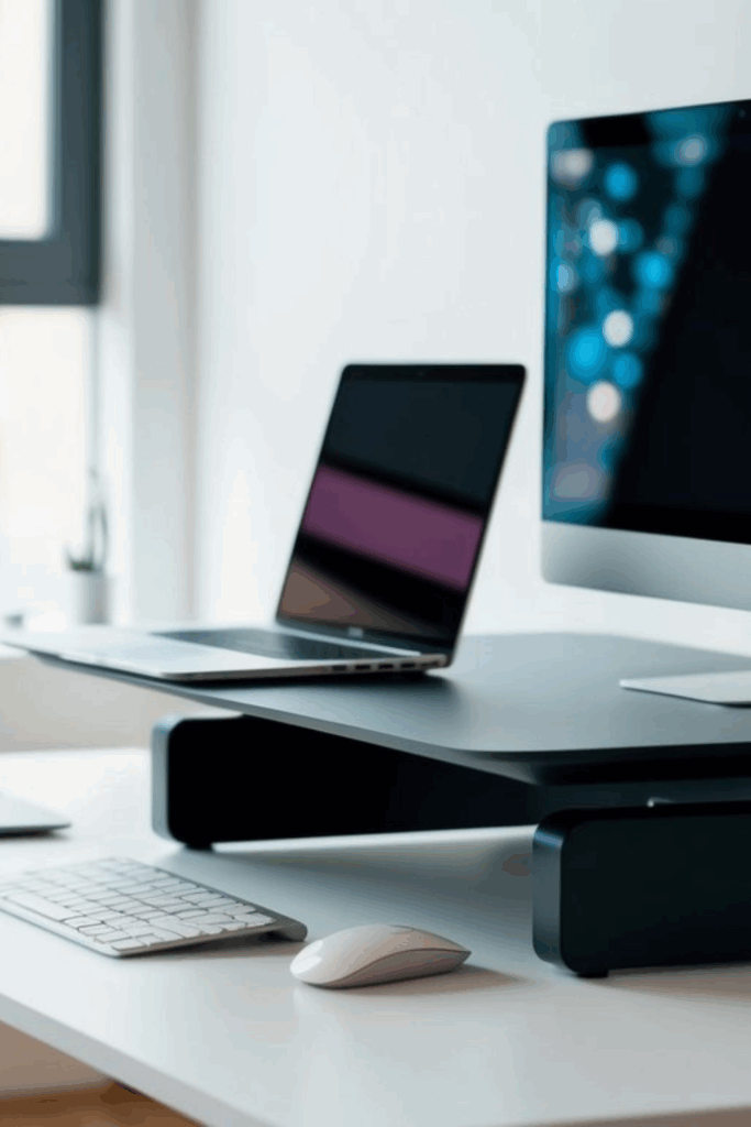 A home office desk setup with a monitor riser . Clean, minimalist design with a clutter-free workspace