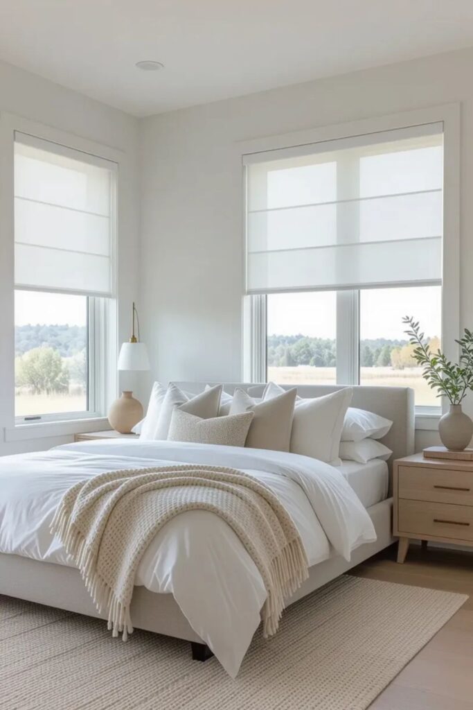 Modern bedroom with white roller shades - bedroom window treatment ideas