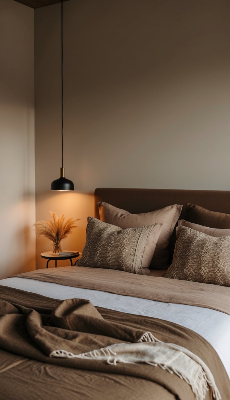 A cozy bedroom with earthy-toned linens, warm lighting, and minimalist decor. Peaceful and inviting atmosphere for relaxation