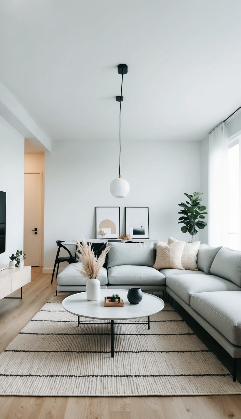 A simple, modern living room with a low, minimal rug and a clutter-free coffee table styled with minimalist decor