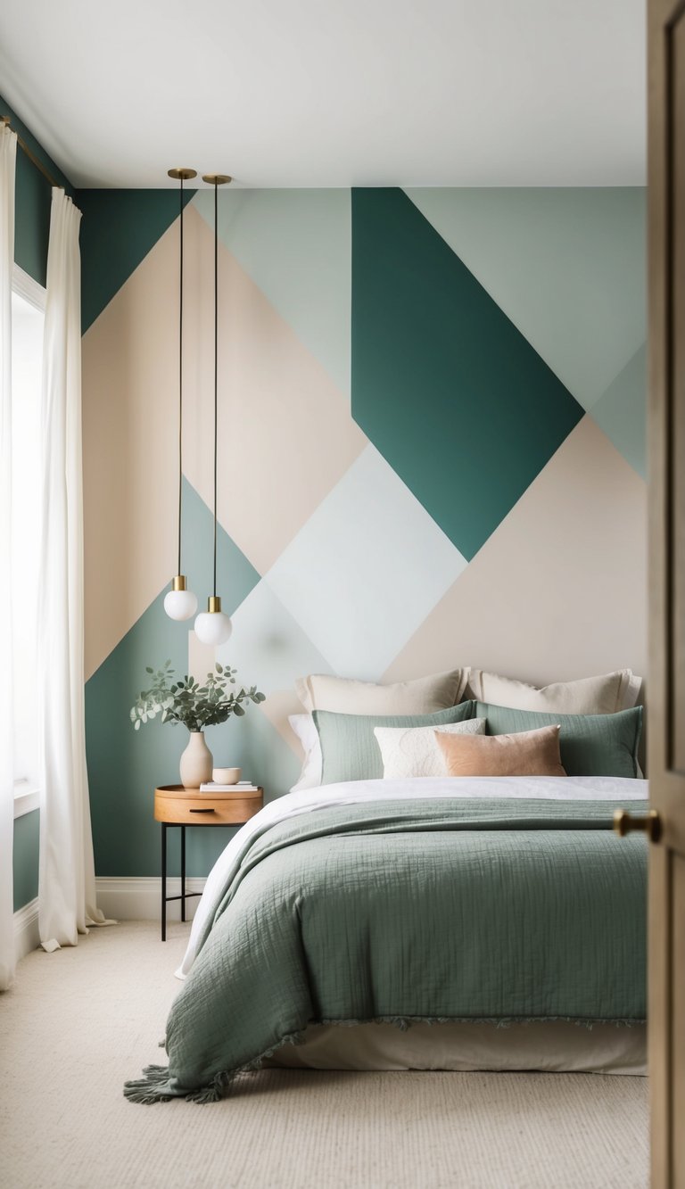 A serene bedroom with geometric wallpaper in muted tones. Simple shapes with a modern, artistic touch