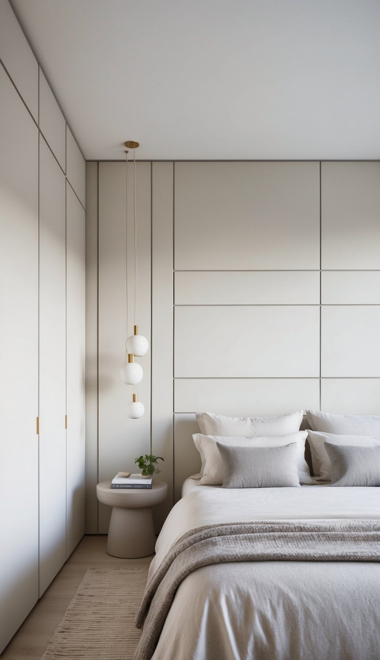 A serene bedroom with clean lines, neutral colors, and minimal decor. A simple, uncluttered space with geometric patterns on the walls