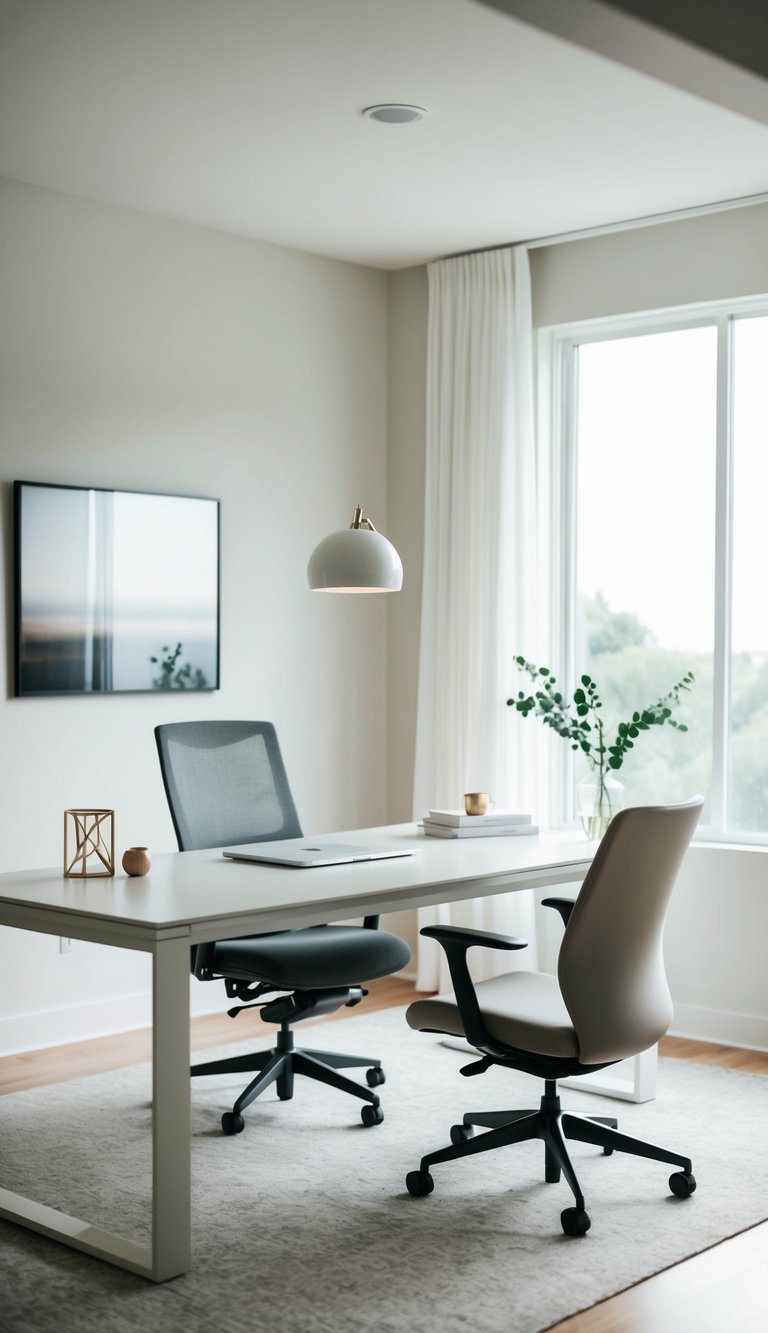 A serene home office with clean lines, minimal furniture, and neutral color palette. A sleek desk, ergonomic chair, and a few decorative accents
