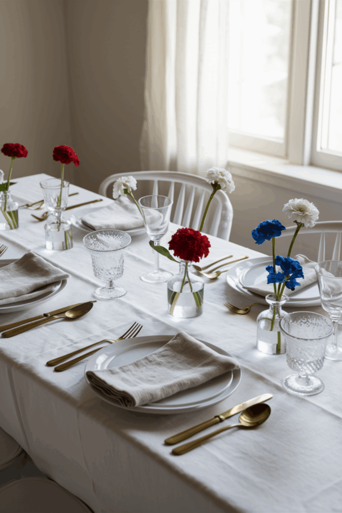 A beautifully set dining table by a window. The table is adorned with white plates, golden cutlery, and folded gray napkins. In the center of each plate, there's a vase containing a single flower. The flowers vary in color, including red, white, and blue. The setting appears to be in a well-lit room with a soft, neutral color palette, emphasizing the elegance and simplicity of the dining arrangement.
