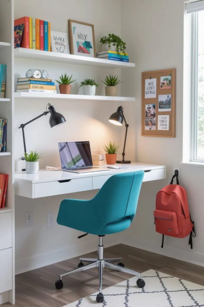 Clean modern dorm room featuring a white floating desk mounted on the wall with organized supplies, colorful chair, and plenty of open floor space underneath, demonstrating how wall-mounted desks maximize small dorm room areas.