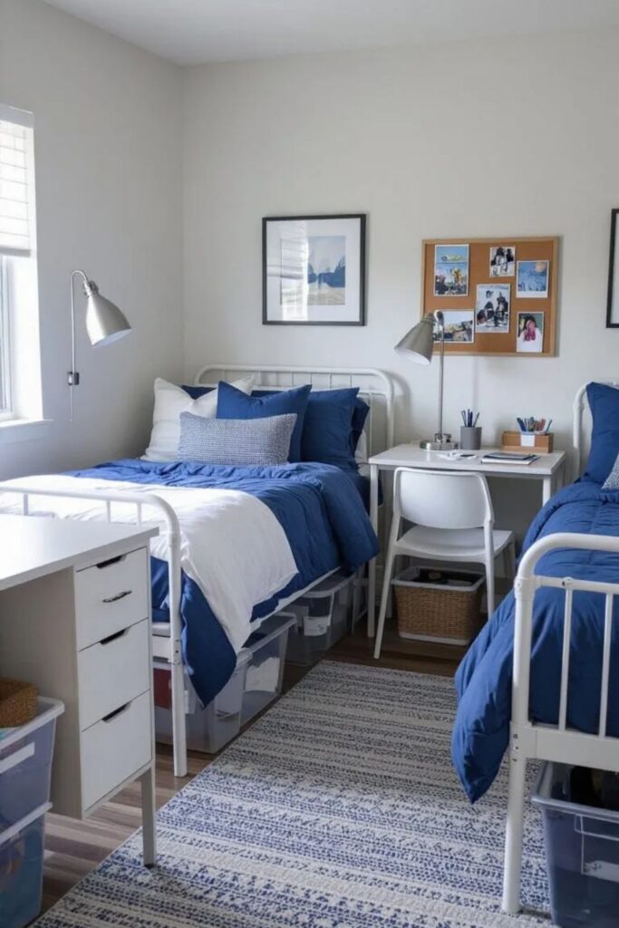 Serene college dorm room featuring cool blue and gray color palette with basic white metal bed frame, slate gray accents, and silver details creating a calming, modern environment perfect for focused studying using realistic dorm furniture.