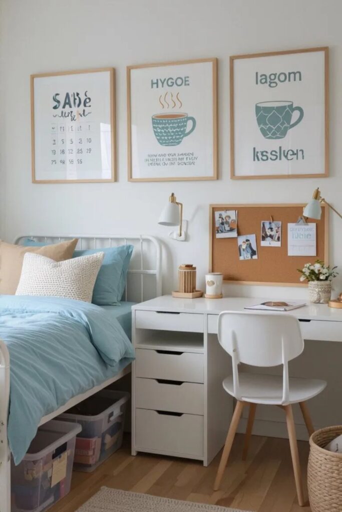 College dorm room featuring authentic Scandinavian-style prints with hygge motifs, clean typography, and geometric patterns in light wood frames above a basic white metal bed frame, decorated with soft muted blue and beige bedding and standard dorm furniture