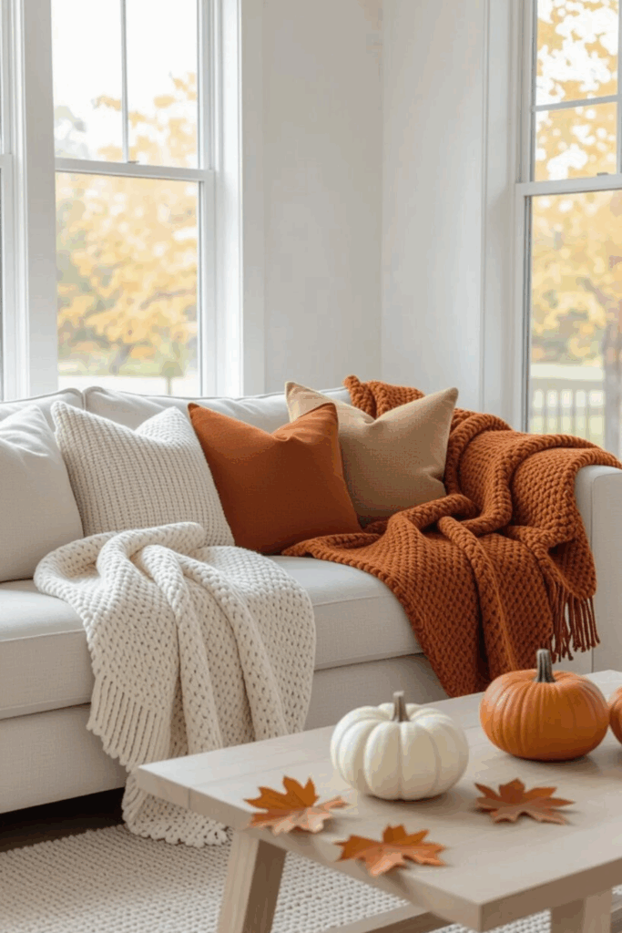 Fall Decorating Ideas - Bright fall living room with a cream sofa styled with rust and beige throw pillows, chunky knit ivory and burnt orange blankets, and a light wood coffee table decorated with small white and orange pumpkins. Soft autumn light filters through large windows with golden foliage outside, creating a cozy and airy seasonal look