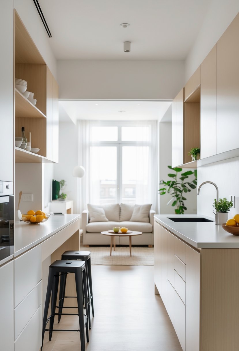 A bright and clean open kitchen and living area in a small apartment with simple furniture and natural light.