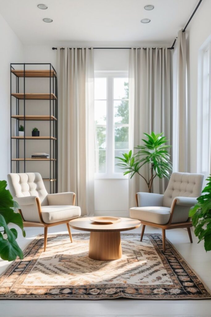 Bright modern living room demonstrating mixed design eras with traditional Persian rug, mid-century cream tufted armchairs, contemporary black track lighting, industrial metal shelving, and abundant green plants creating a cohesive eclectic style