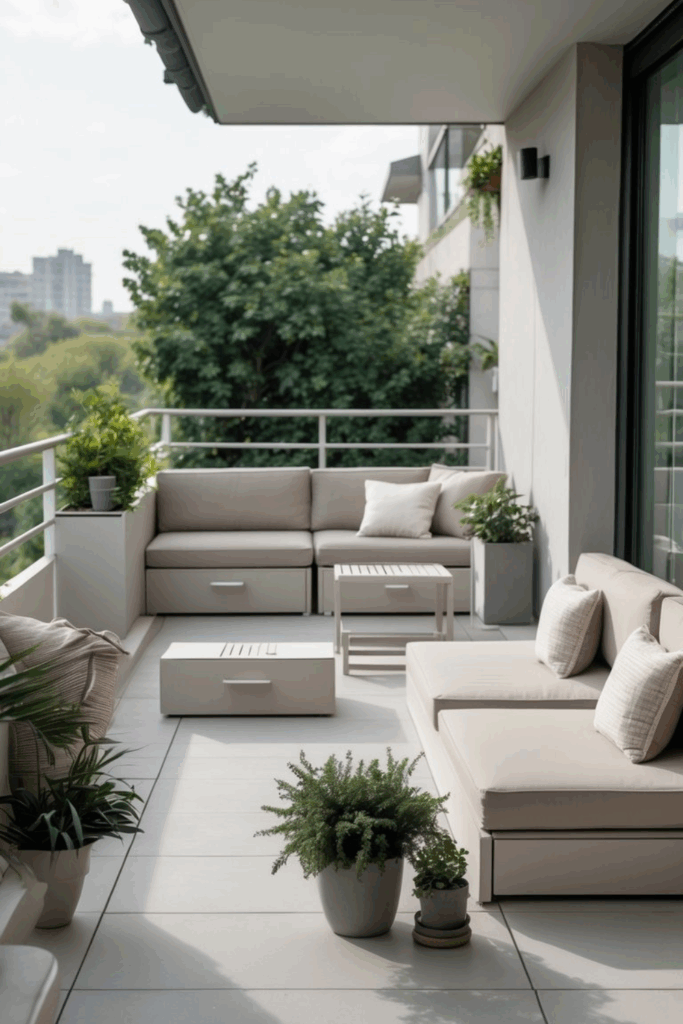 An apartment patio with multi-functional outdoor furniture including seating with storage, a foldable table, stackable chairs, and potted plants.