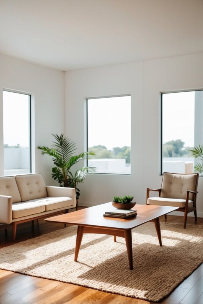 Mid-century modern living room featuring vintage walnut coffee table with tapered legs and built-in storage shelf, paired with tufted beige sofa and matching armchair on natural jute rug