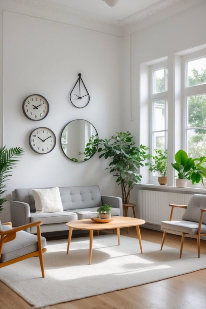 Bright vintage minimalist living room featuring curated functional wall decor with three vintage-style clocks and one round mirror, gray linen sofa, mid-century wooden accent chairs, round coffee table, and green plants on windowsills