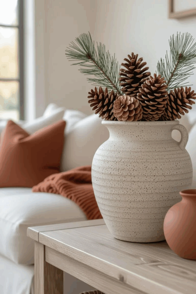 Textured ceramic urn filled with pinecones and pine sprigs on light wood console table with rust colored throw and terracotta accents in minimalist living room