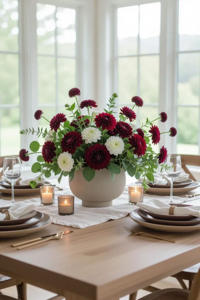 Fall dining table centerpiece with burgundy dahlias, sage greenery, and cream flowers in neutral ceramic bowl with candles and place settings