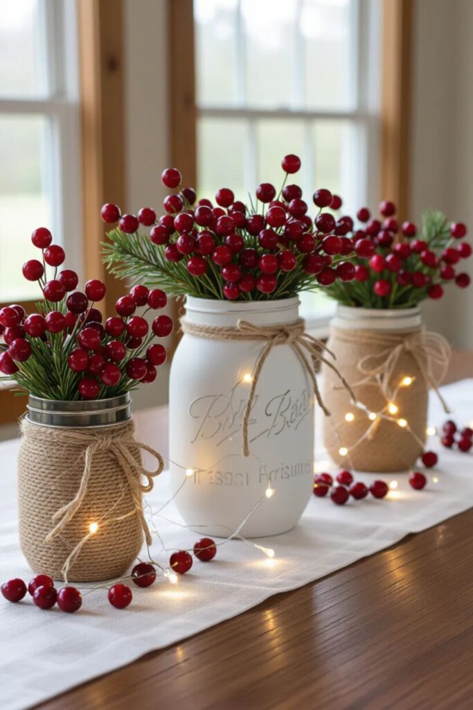 Three mason jars wrapped in natural twine sitting on white table runner by window, filled with red berries and evergreen sprigs, surrounded by warm fairy lights creating cozy fall decor