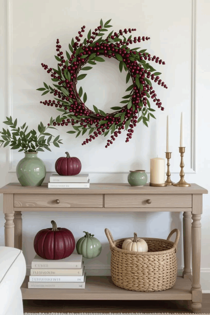 Fall console table styling with burgundy berry and sage leaf wreath, sage ceramic vases, burgundy pumpkins, and woven basket storage