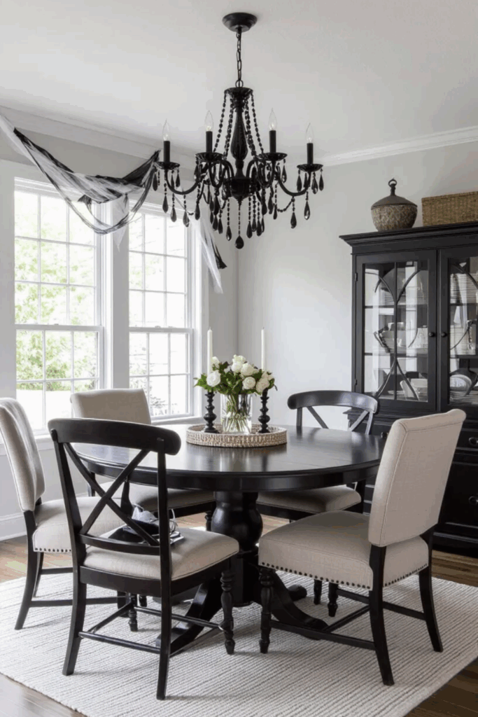 Gothic glam dining room featuring black crystal chandelier with dramatic shadows against light walls creating elegant Halloween atmosphere for everyday dining